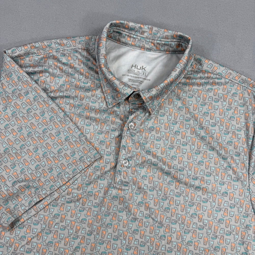 Huk Polo Shirt Men XL Gray Golf Short Sleeve Performance Cocktail AOP Fishing